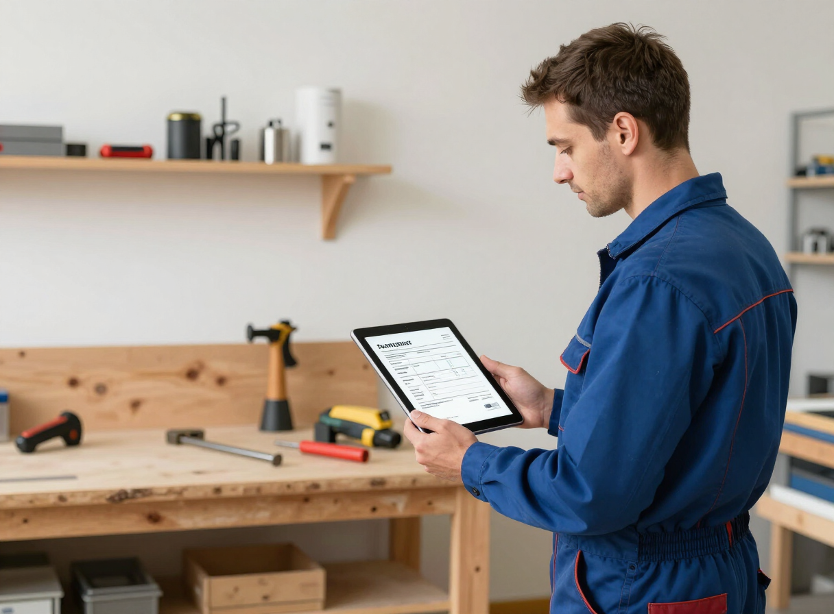 Elektriker in der Werkstatt erstellt eine digitale Rechnung auf dem Tablet